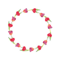 Wreath of watercolor spring tulip flowers and hearts on a white background. Use for wedding invitations, birthdays, menus and decorations