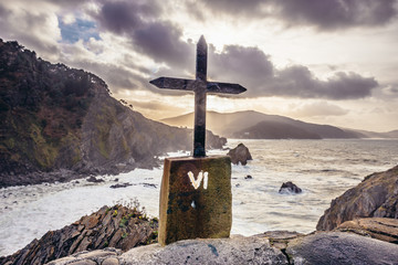 Way of Sorrowss on a stairs on Gaztelugatxe isle with famous San Juan hermitage located on Bay of...