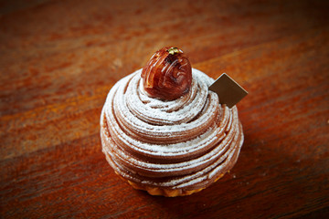 Mont blanc cake on wooden background 