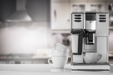 White coffee machine in kitchen interior and free space for your decoration. 