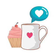 delicious cupcake with cup drink and speech bubble