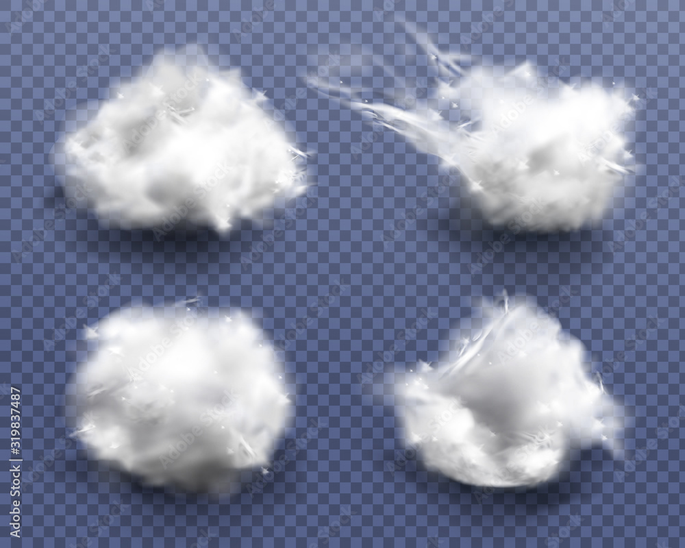 Wall mural realistic cotton wool, clouds or wadding balls set isolated on transparent background. smooth soft p