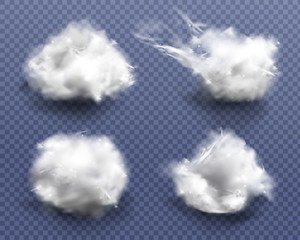 Realistic cotton wool, clouds or wadding balls set isolated on transparent background. Smooth soft pieces of white fluffy material, pure fiber close up design elements 3d vector illustration, clip art