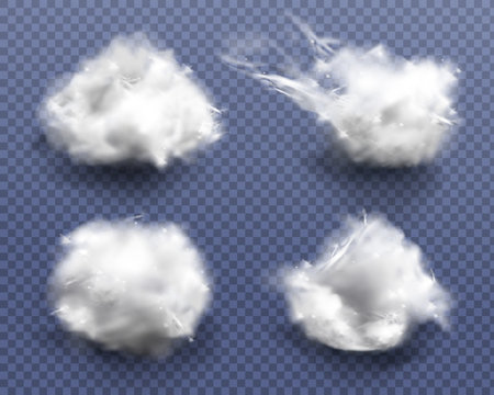 Realistic cotton wool, clouds or wadding balls set isolated on transparent background. Smooth soft pieces of white fluffy material, pure fiber close up design elements 3d vector illustration, clip art