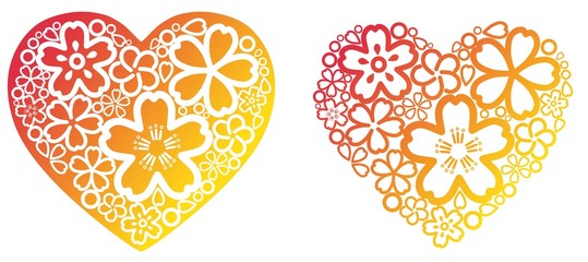 たくさんの桜の花と花びらと丸でできたハートの模様