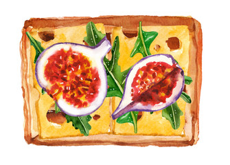 Watercolor hand painted breakfast waffle with figs and cheese illustration isolated on white background - clipart for menu, banners, package design