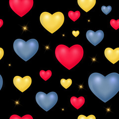 Fototapeta na wymiar Colorful 3d Mesh hearts on the black background. Seamless pattern. Vector illustration.