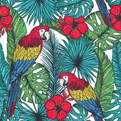 Tropical seamless pattern. Tropical design template. Parrot and palm leaves vector illustration. Summer design. Beautiful design for textiles. Jungle pattern. Print on cloth template.