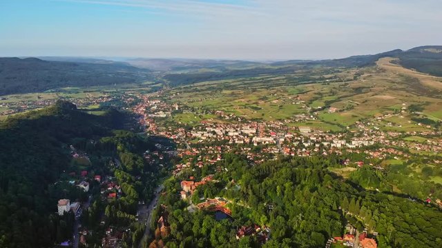 Sovata city, forest and valley from above. Aerial drone shot. Bird view. Panorama