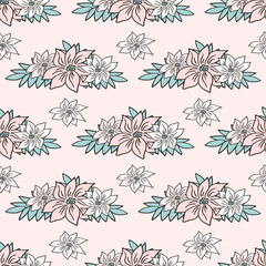 Hand drawn seamless pattern vector from a bouquet of pink flowers and leaves. Floral doodle illustration for Women's Day, room wall, greeting card, invitation, wallpaper, wrapping paper