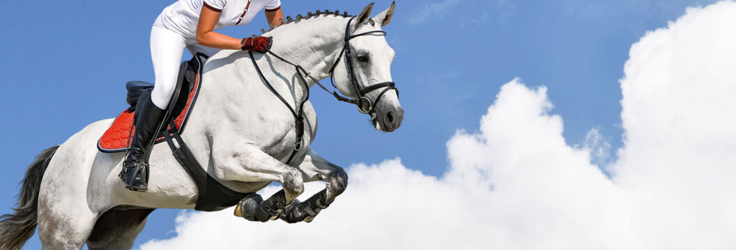 Girl Jumping With White Horse, Isolated, Blue Sky, White Clouds Background. Rider In White Uniform, Equestrian Sports. Horizontal Header Or Banner. Ambition, Breaking Through, Free, Health Concept.