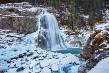 Krimml waterfall in winter, the highest waterfall in Austria