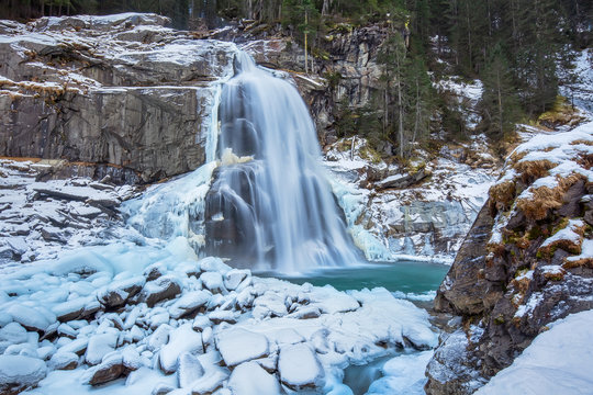Krimml waterfall in winter, the highest waterfall in Austria