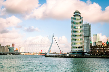 Rotterdam with the Maas river, the erasmus bridge, high skyscrapers and many boats.