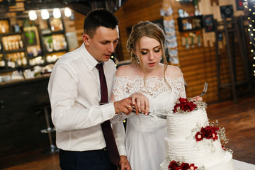  portrait happy smiling bride and groom cut the wedding cake.festive tiered  wedding cake.couple with a knife in hands cuts a cake in the restaurant.lovely wedding couple cutting their cake