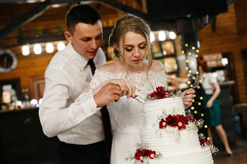  portrait happy smiling bride and groom cut the wedding cake.festive tiered  wedding cake.couple with a knife in hands cuts a cake in the restaurant.lovely wedding couple cutting their cake
