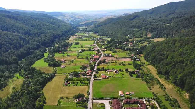 Sovata city, forest and valley from above. Aerial drone shot. Bird view. Panorama