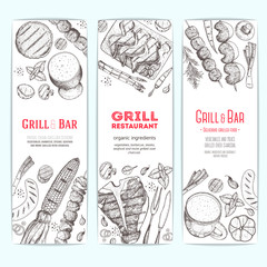 Grilled meat and vegetables vertical banner collection Grill bar design vector illustration. Engraved design. Hand drawn illustration. Grill restaurant menu design template.