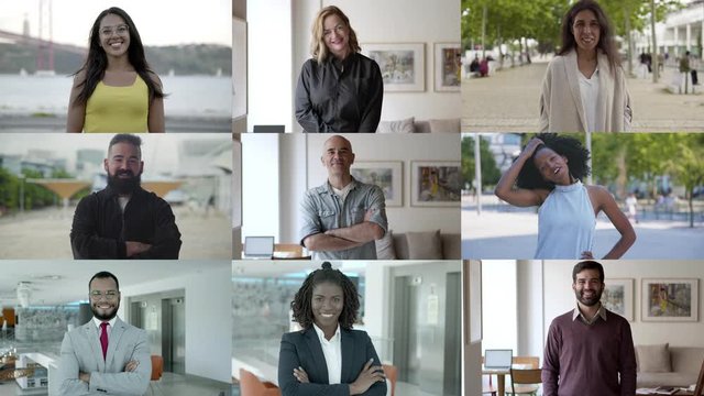 Cheerful diverse people smiling at camera. Split screen collage of cheerful multiethnic people posing and looking at camera. Facial expression concept