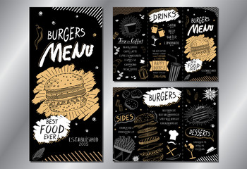 Vintage burger menu/ card template (burgers, french fries, desserts, drinks) - 3 x DL (3 x 99x210 mm)