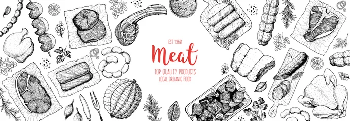 Fotobehang Meat products top view frame. Vector illustration. Engraved design. Hand drawn illustration. Pieces of meat design template. Great for package design. Chicken, beef, pork, sausage, lamb, ham sketch. © DiViArts