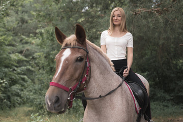 Fototapeta premium beautiful girl sitting on a horse in a forest.