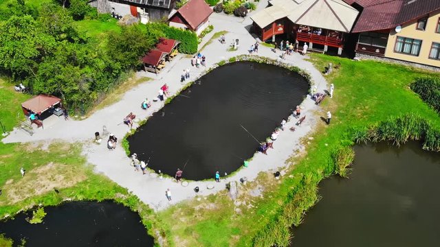 Sovata city, forest and valley from above. Aerial drone shot. Bird view. Panorama