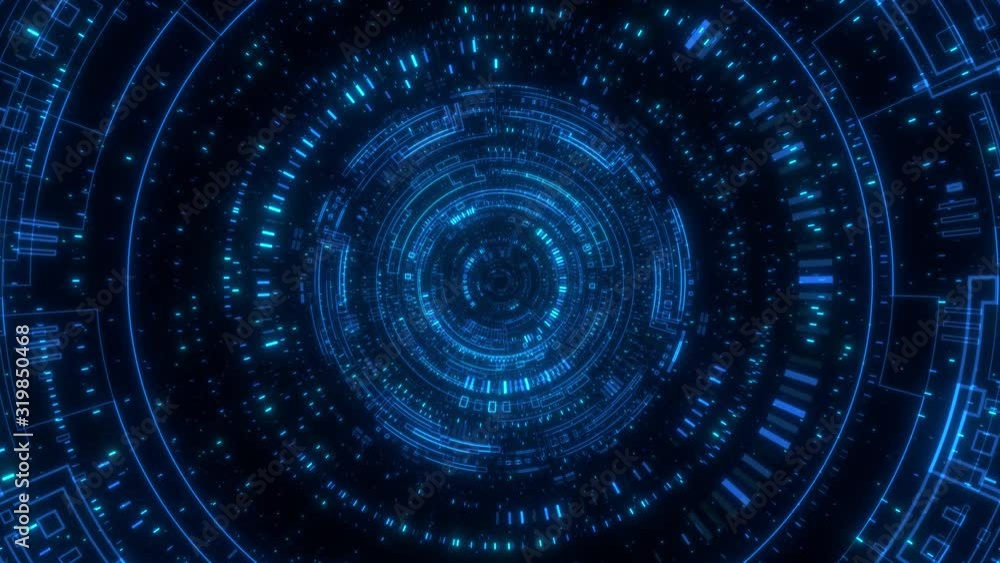 Poster looped animation. abstract background. moving through hyperspace with bright circles in blue color o