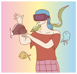 Woman in VR headset looking and trying to touch fishes. Woman touching air during the VR headset.
