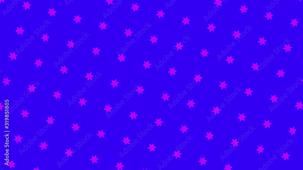 Poster abstract colorful snowflakes in rows rotating and moving on blue background, seamless loop. animatio