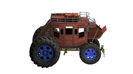 Obraz premium Modified carriage with giant tractor wheels, steampunk carriage, extreme tuning, 3d rendering, 3d illustration