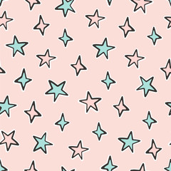 Hand drawn seamless pattern of cute pink and blue stars on a pink background. Сolorful doodle vector illustration for Birthday, baby room, greeting card, invitation, wallpaper, wrapping paper