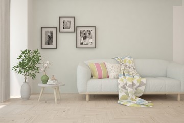Stylish room in white color with sofa. Scandinavian interior design. 3D illustration