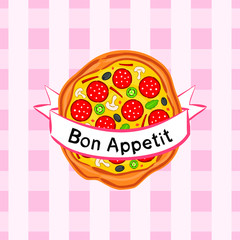 Bright tasty pizza on a pink checkered background wrapped in a white ribbon. Tape with the text 