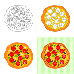 Draw a pizza in steps, from a simple outline to a color model. Vector image of the Pizza for illustrations on the theme of food, cafes and restaurants.