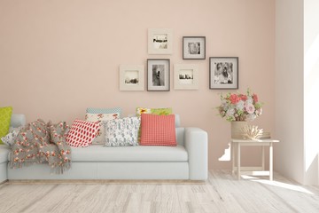 Modern room in white color with sofa. Scandinavian interior design. 3D illustration
