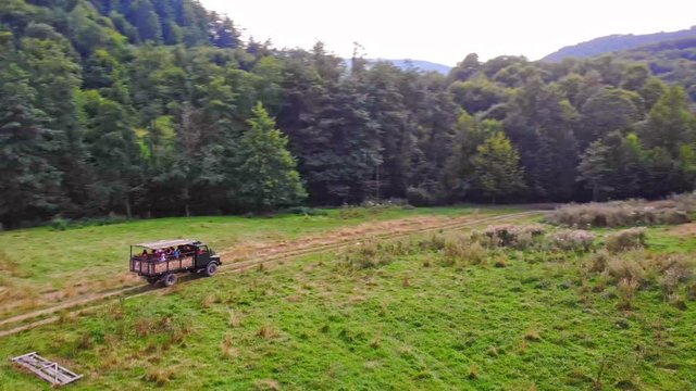 Sovata city, forest and valley from above. Aerial drone shot. Bird view. Panorama