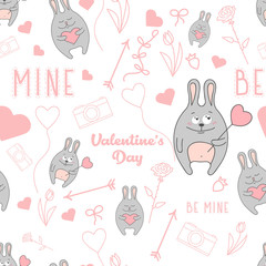 Valentine's day pattern. Seamless background. Be mine. White background. Rabbits.