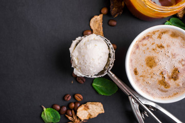 Mushroom Chaga Coffee Superfood Trend-dry and fresh mushrooms and coffee beans on dark background with mint.
