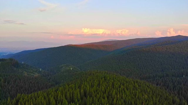 Sovata city, forest and valley from above. Aerial drone shot. Bird view. Panorama