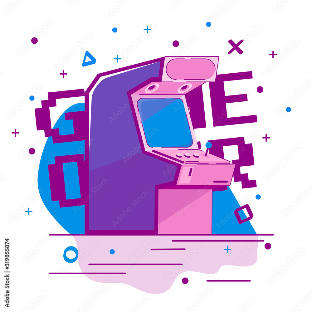 Poster vector image of a retro gaming machine, pixel lettering in the background the game is over
