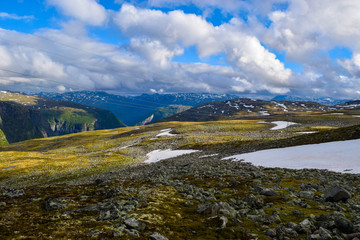 National tourist snow road Aurlandsvegen (f243) running across the mountains. Norway.