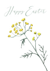 Happy Easter card design with hand lettering text and flowers, branches and textured eggs.