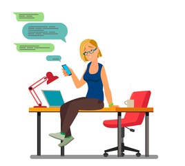 Office worker on a coffee break sitting on a table.Vector illustration in cartoon