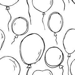 Seamless pattern with balloons. Black outline on a white background.