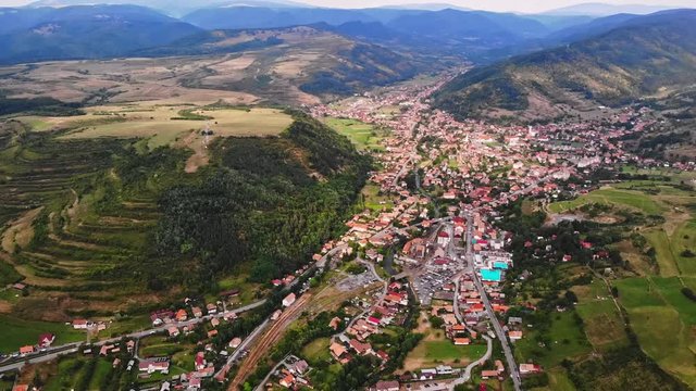 Sovata city, forest and valley from above. Aerial drone shot. Bird view. Panorama
