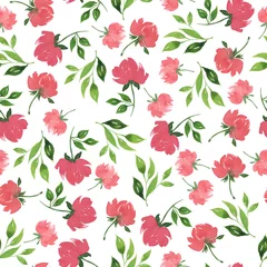 Foto auf Acrylglas Seamless pattern with doodle red flowers and fresh green leaves on white background. Hand drawn watercolor illustration. © angry_red_cat
