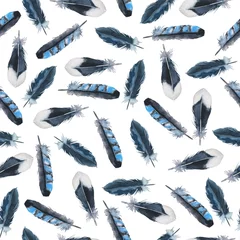 Gardinen Nahtloses Muster mit Indigo und blauen Wildvogelfedern auf weißem Hintergrund. Handgezeichnete Aquarellillustration. © angry_red_cat