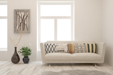 Stylish room in white color with sofa. Scandinavian interior design. 3D illustration