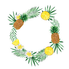 Fresh pineapple and tropical leaves round frame. Hand drawn watercolor illustration.
